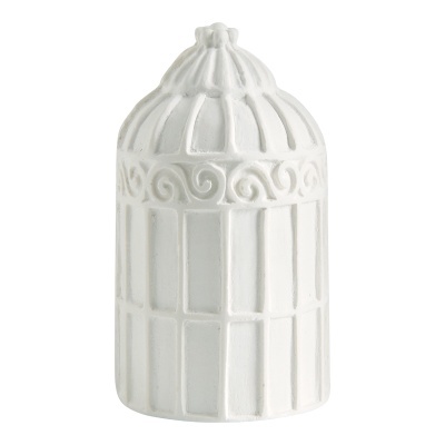 Recipiente cerâmico branco com formato de gaiola decorativa