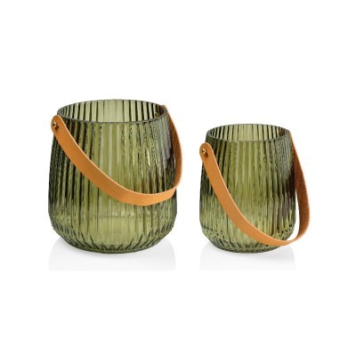 Dois baldes decorativos de vidro verde com alças de couro