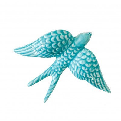 Pássaro decorativo em cerâmica turquesa com padrão de penas