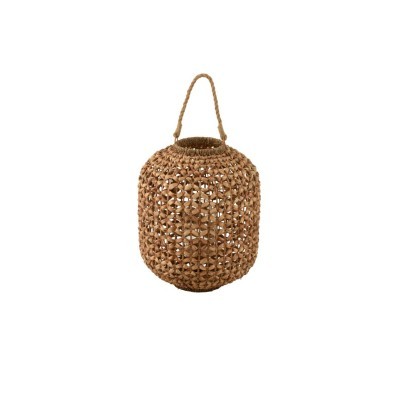 Lanterna trançada de material castanho com alça suspensa