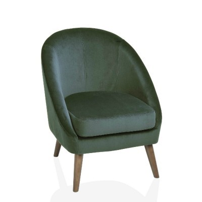 Poltrona verde em tecido aveludado com pernas de madeira