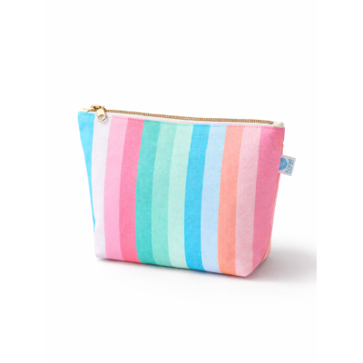 Necessaire de tecido às riscas coloridas com fecho dourado e etiqueta Koral