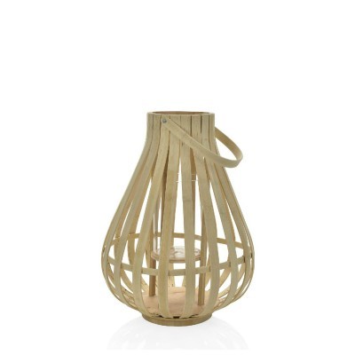 Castiçal de madeira clara com tiras espaçadas e pega articulada