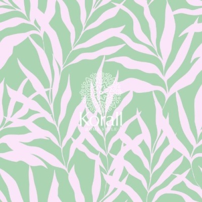 Padrão de folhas lilás em fundo verde com logotipo KORALL branco no centro