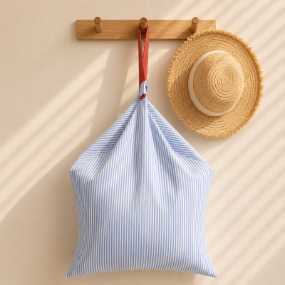 Mochila riscada azul e branca com alças vermelhas num cabide de madeira ao lado de chapéu de palha
