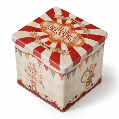 Caixa de metal com design temático de circo e ursinhos artísticos