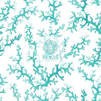 Padrão decorativo de corais azuis sobre fundo branco com logotipo KORALL HOME STYLE