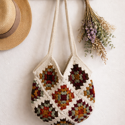 Bolsa de crochet colorida pendurada num cabide de madeira numa parede branca ao lado de chapéu de palha e flores secas