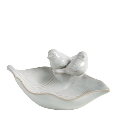 Prato decorativo em forma de folha com dois pássaros em cerâmica branca