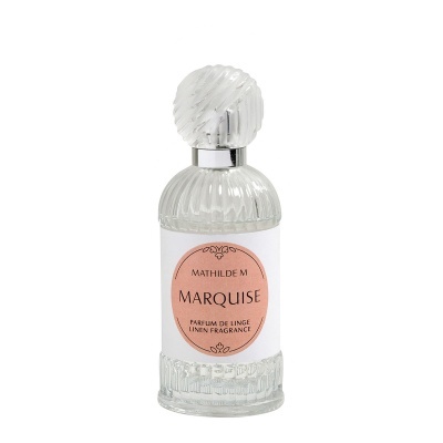 Frasco de perfume Marquise Mathilde M. de vidro com rótulo branco e rosa
