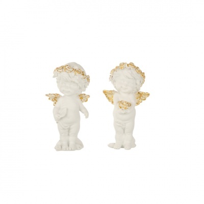 Estatuetas de anjos brancos com detalhes dourados em fundo branco