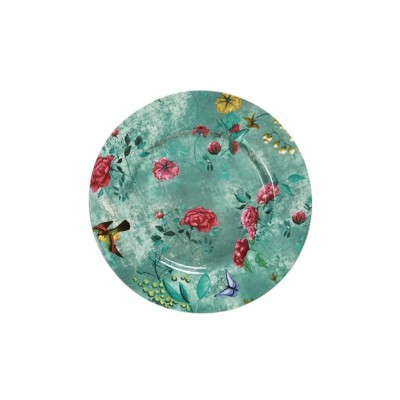 Prato cerâmico redondo com padrão floral e pássaros sobre fundo verde água