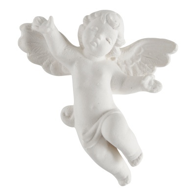 Figura anjo decorativa branca com asas e cabelo encaracolado