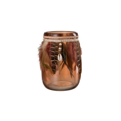 Frasco decorativo em vidro castanho com penas e corda