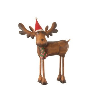 Escultura de alce de madeira com gorro de Natal e gravata colorida