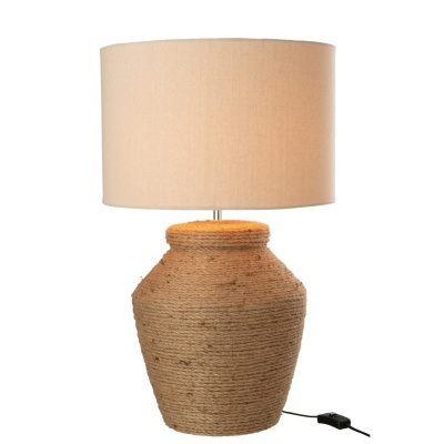 Candeeiro de mesa com base de corda natural e cúpula de tecido bege