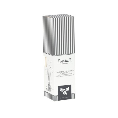Embalagem de difusor de perfume Matilda.M France com riscas verticais pretas em fundo branco