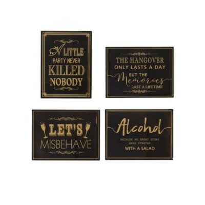 Conjunto de quatro placas decorativas humorísticas pretas com texto dourado em moldura dourada