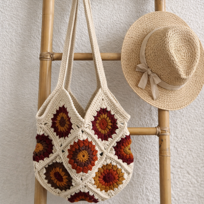 Saco de croché creme com flores coloridas pendurado em escada de bambu junto a chapéu de palha.