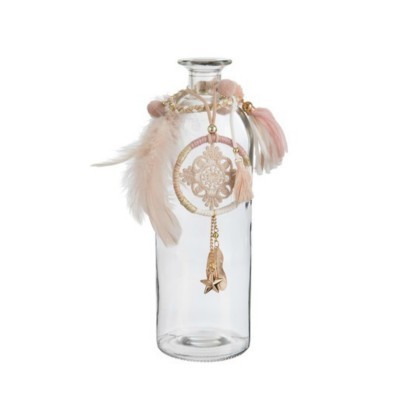 Garrafa de vidro decorada com pendente de macramé, penas e tassel cor-de-rosa