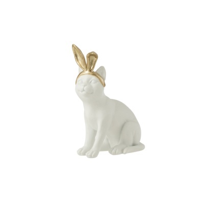 Estatueta branca de coelho com orelhas douradas.