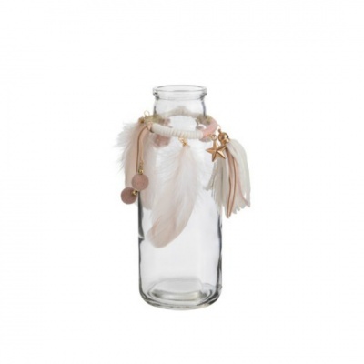 Garrafa de vidro decorativa com penas, tassel e pendentes coloridos