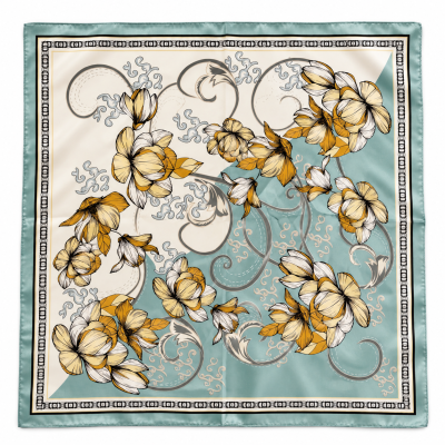 Lenço quadrado floral com tons amarelo, bege, cinza e azul turquesa