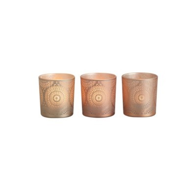 Trio de suportes para velas em vidro rosa fosco com padrão circular perfurado