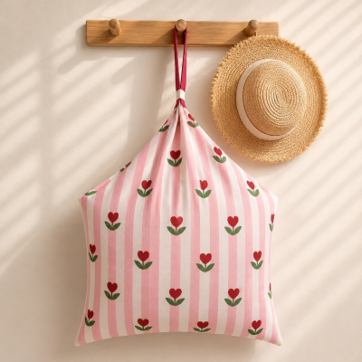 Almofada em forma de casa com padrão floral cor de rosa pendurada junto a chapéu de palha