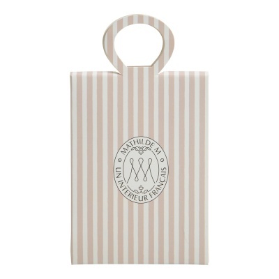 Bolsa riscada bege e branca com logótipo circular no centro e alça redonda no topo