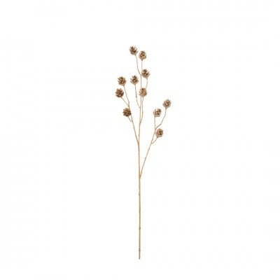 Galho decorativo artificial castanho com pequenas flores em forma de pinha