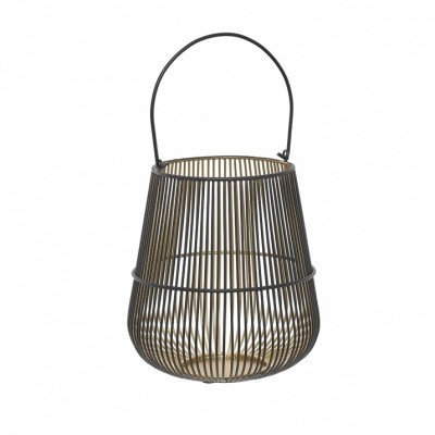 Lanterna de metal preto com estrutura arredondada e alça para transporte