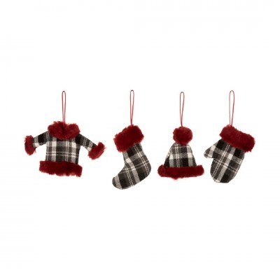 Conjunto de ornamentos de Natal em tecido xadrez preto e branco com detalhes em vermelho peludo