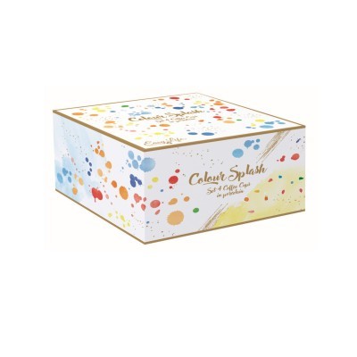 Caixa branca com manchas coloridas e texto do produto