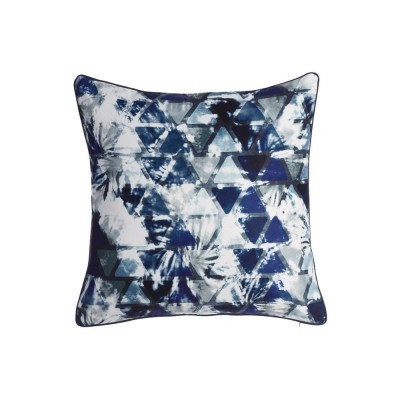 Almofada quadrada com padrão geométrico azul e branco