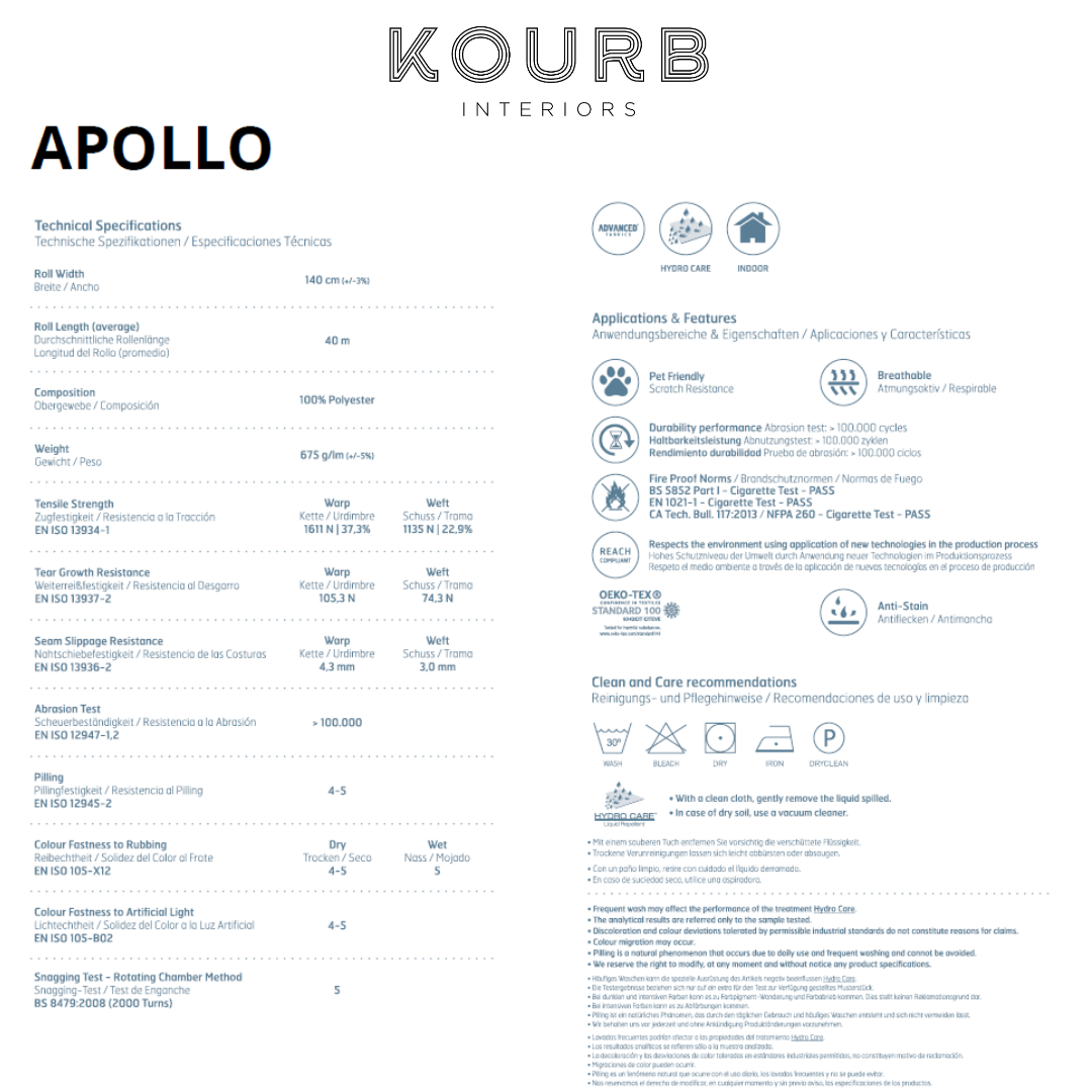 Folha técnica do tecido Apollo da Kourb Interiors com especificações, ícones e texto em várias línguas