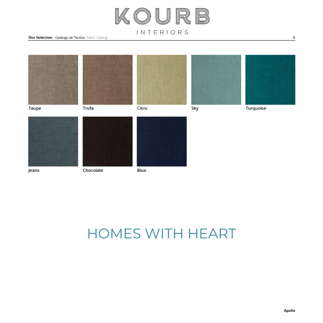 Amostras de tecidos KOURB INTERIORS com várias cores e texto Homes with Heart
