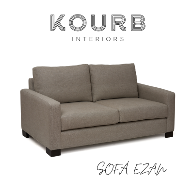 Sofá cinzento de dois lugares com braços rectos e pés escuros