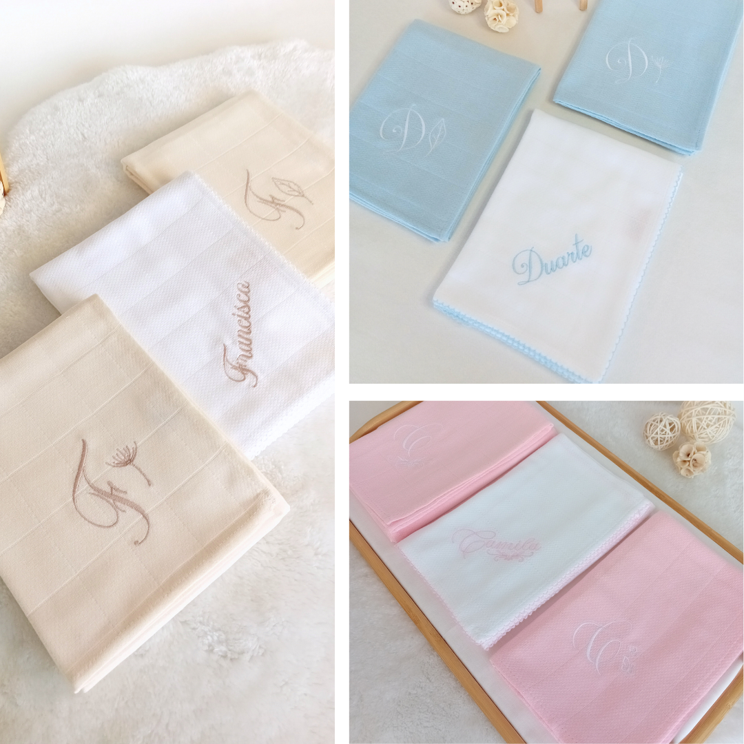 Conjuntos de toalhas de tecido bordadas em bege, branco com azul e branco com rosa