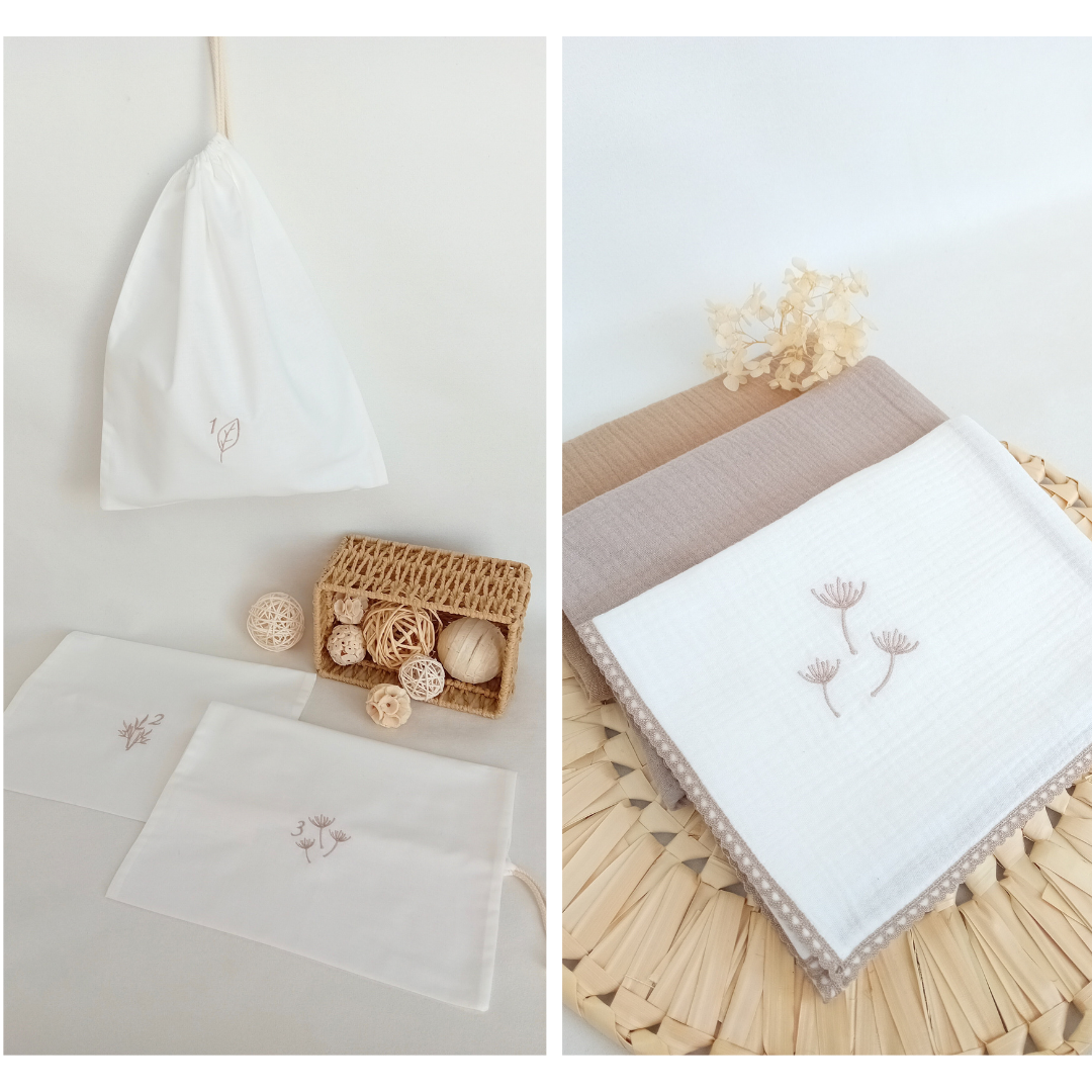 Sacos de pano brancos bordados e panos de tecido com bordados florais em tons neutros