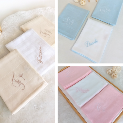 Conjuntos de toalhas de tecido bordadas em bege, branco com azul e branco com rosa