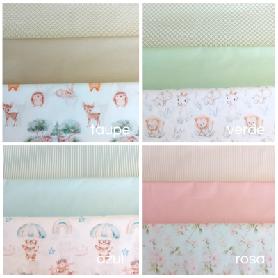 Cuatro conjuntos de tecidos patchwork com padrões infantis em taupe, verde, azul e rosa