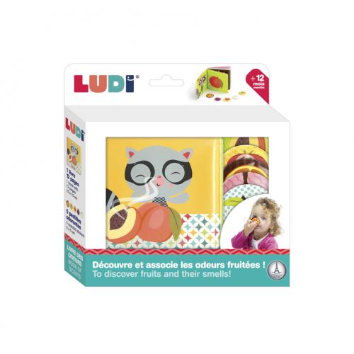 O LIVRO DOS CHEIROS Caixa de jogo sensorial LUDI com livros de tecido coloridos e desenho de gato com óculos.