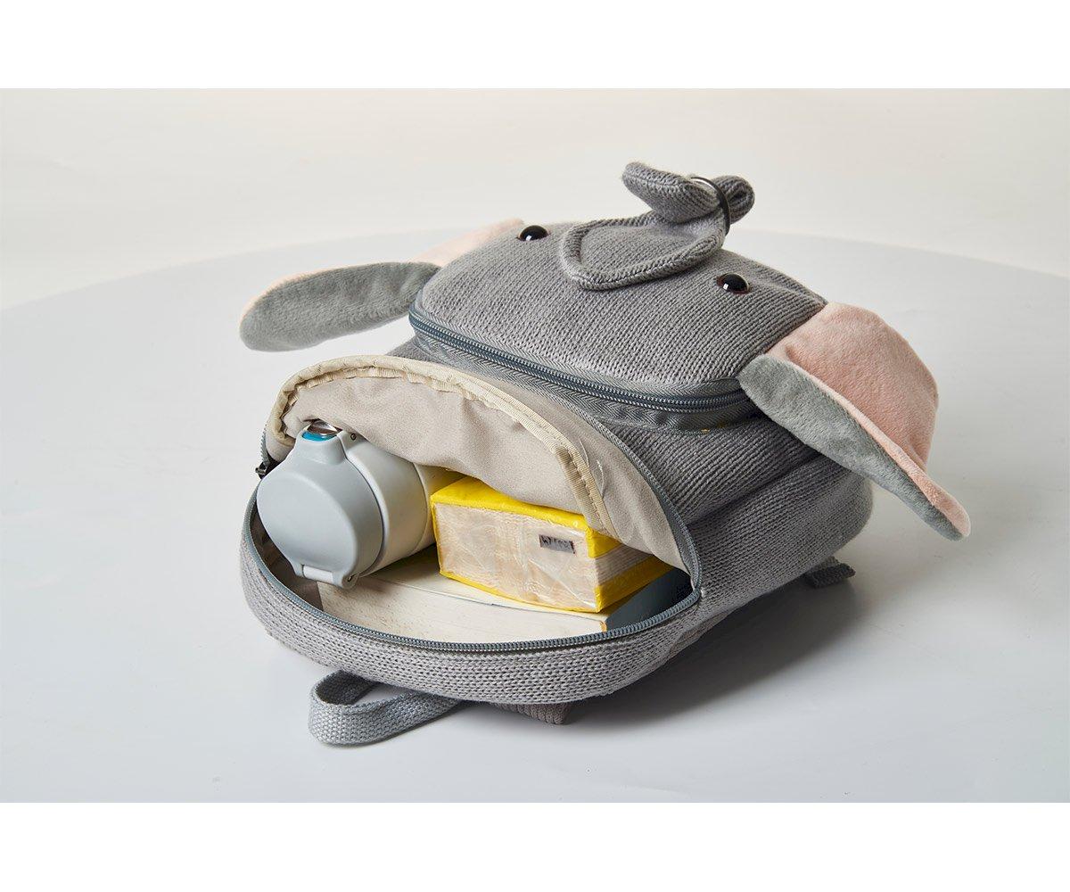 Mochila Elefante Mochila infantil cinzenta em forma de elefante aberta com itens dentro