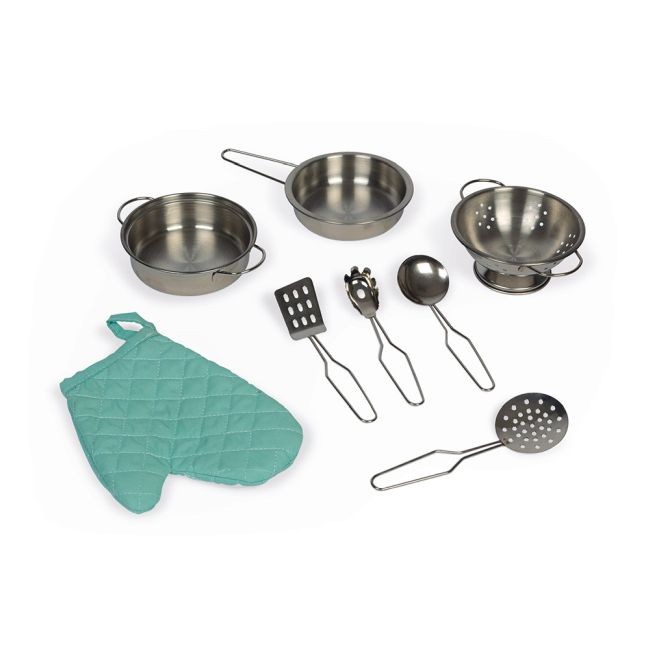 COZINHA GRANDE EM MADEIRA, FRENTE E VERSO Utensílios de cozinha de aço inoxidável com luva de forno azul turquesa