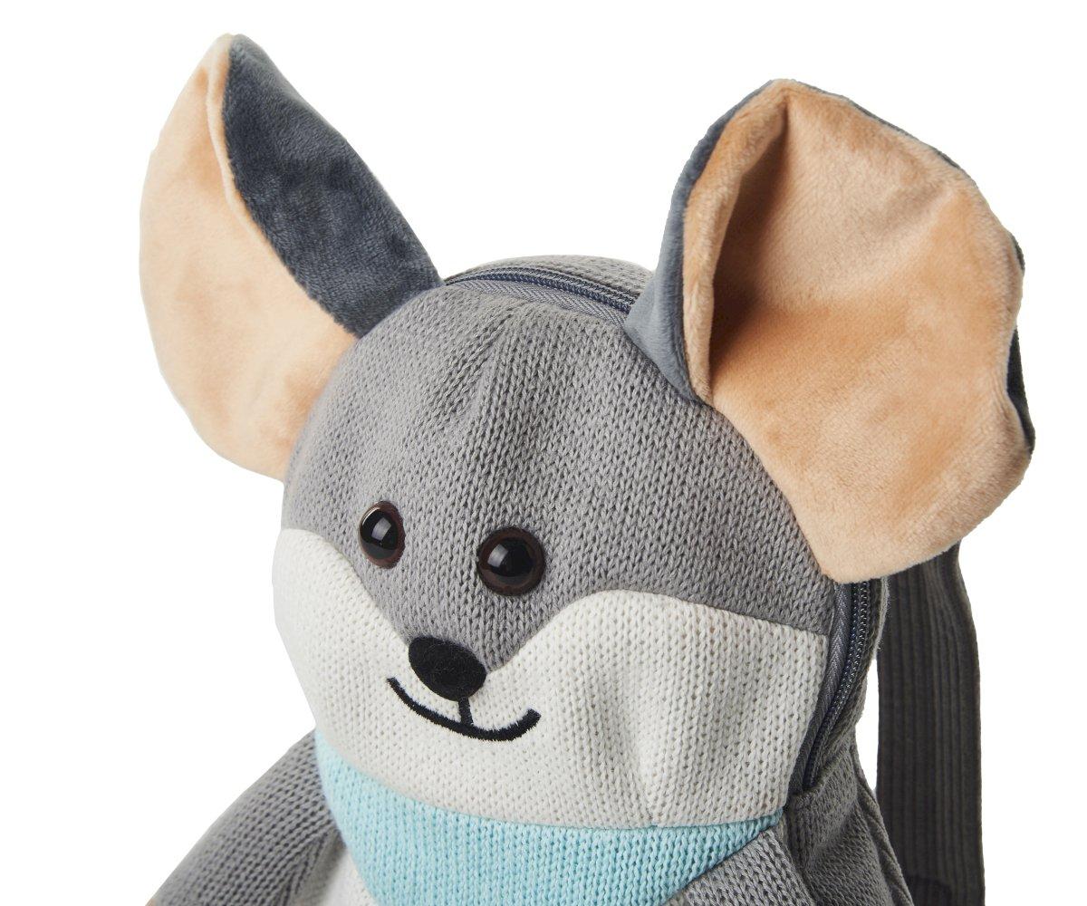 Mochila Ratita Mochila infantil em forma de rato cinzento com orelhas bege e cachecol azul