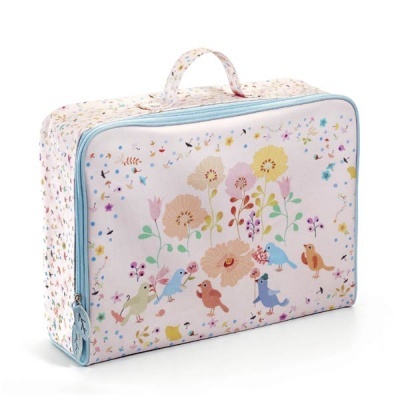 Mala de tecido com padrão floral e pássaros coloridos