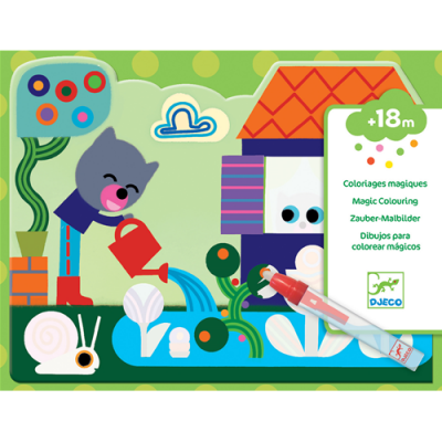 Produto para crianças com gato a regar plantas, casa colorida e texto em várias línguas indicando coloração mágica.