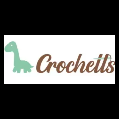 Logótipo com dinossauro verde e texto Crochetts em castanho