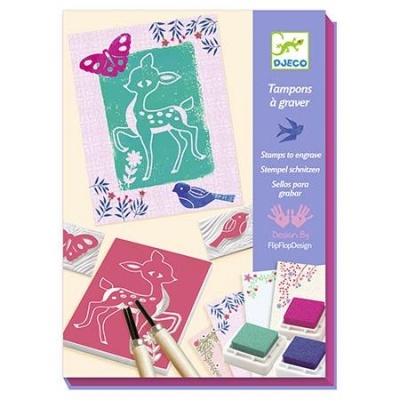 Caixa do produto Djeco Tampons à graver com desenho de cervo, borboleta, pássaro e carimbos coloridos.
